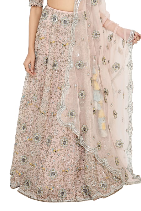 Shop_Payal Singhal_Pink Organza V Neck Imaar Embroidered Bridal Lehenga Set _Online_at_Aza_Fashions