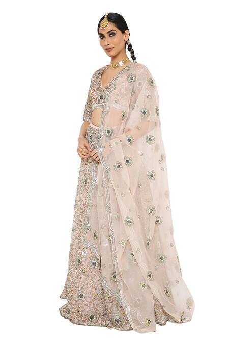 Buy_Payal Singhal_Pink Organza V Neck Imaar Embroidered Bridal Lehenga Set _Online_at_Aza_Fashions