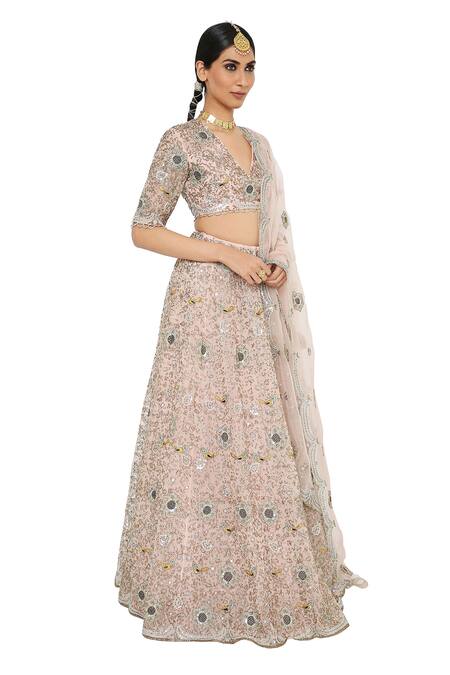 Payal Singhal_Pink Organza V Neck Imaar Embroidered Bridal Lehenga Set _Online_at_Aza_Fashions