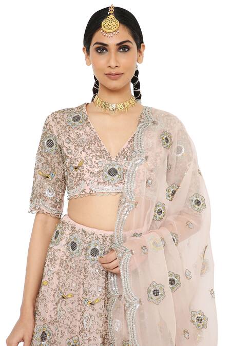 Payal Singhal_Pink Organza V Neck Imaar Embroidered Bridal Lehenga Set _at_Aza_Fashions