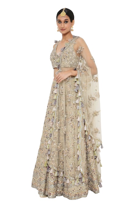 Buy_Payal Singhal_Green Georgette V Neck Tahira Embroidered Bridal Lehenga Set _Online_at_Aza_Fashions