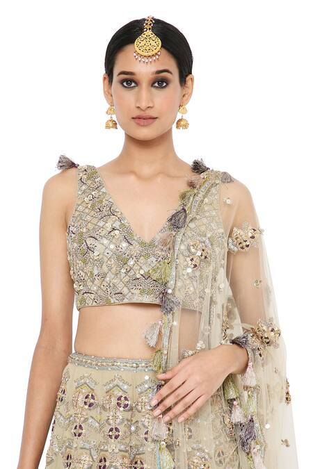 Shop_Payal Singhal_Green Georgette V Neck Tahira Embroidered Bridal Lehenga Set _Online_at_Aza_Fashions