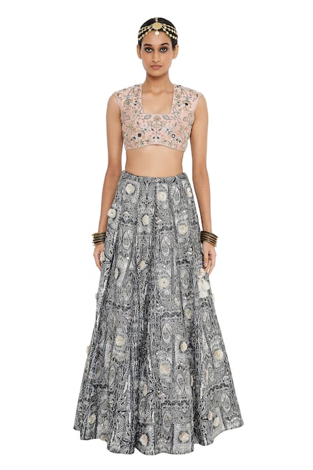 Payal Singhal Black Dupion Silk Printed Square Neck Gulnar Lehenga And Blouse Set 