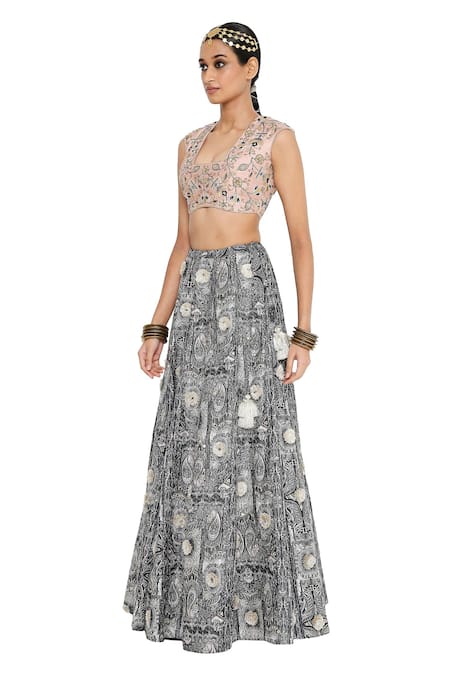 Payal Singhal_Black Dupion Silk Printed Square Neck Gulnar Lehenga And Blouse Set _Online_at_Aza_Fashions