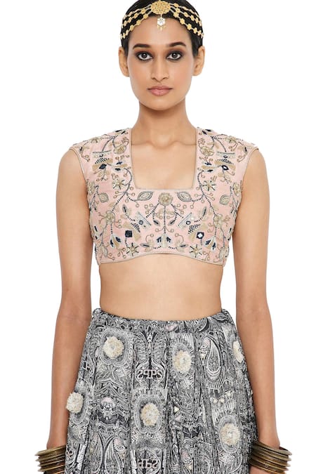 Buy_Payal Singhal_Black Dupion Silk Printed Square Neck Gulnar Lehenga And Blouse Set _Online_at_Aza_Fashions