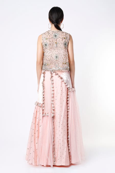 Shop_Payal Singhal_Pink Organza, Velvet, Net And Georgette Thread, Embroidered Jacket Lehenga Set _at_Aza_Fashions