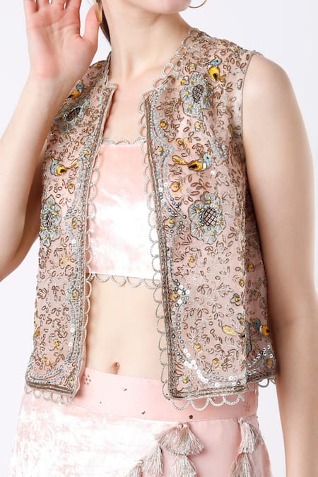Payal Singhal_Pink Organza, Velvet, Net And Georgette Thread, Embroidered Jacket Lehenga Set _Online_at_Aza_Fashions