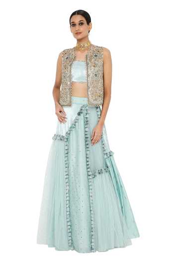 Payal Singhal_Blue Organza, Velvet Embroidery Square Erum Panelled Lehenga Set With Jacket _Online_at_Aza_Fashions