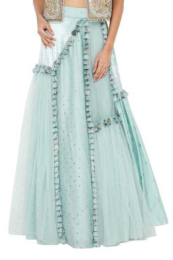 Payal Singhal_Blue Organza, Velvet Embroidery Square Erum Panelled Lehenga Set With Jacket _at_Aza_Fashions