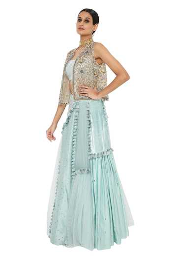 Buy_Payal Singhal_Blue Organza, Velvet Embroidery Square Erum Panelled Lehenga Set With Jacket _Online_at_Aza_Fashions