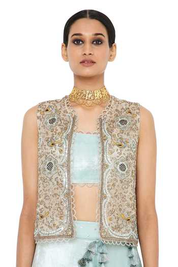 Shop_Payal Singhal_Blue Organza, Velvet Embroidery Square Erum Panelled Lehenga Set With Jacket _Online_at_Aza_Fashions