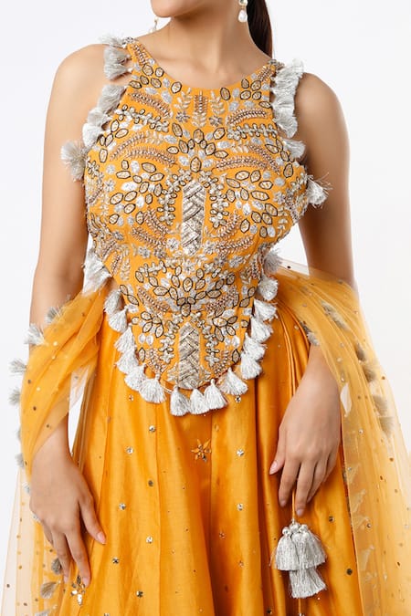 Payal Singhal_Yellow Georgette, Silkmul And Net Thread, Sequin & Mukaish Embroidered Lehenga Set _Online_at_Aza_Fashions