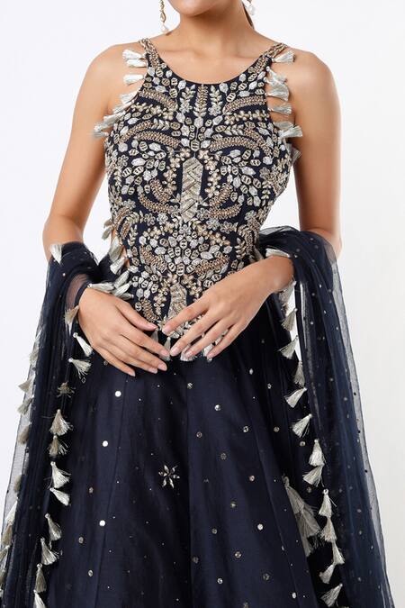 Payal Singhal_Blue Georgette Embroidery Thread Round Mukaish Lehenga Set _Online_at_Aza_Fashions