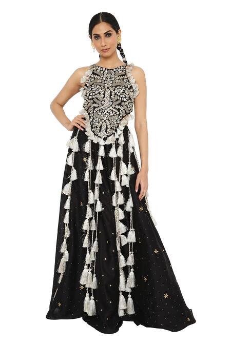 Buy_Payal Singhal_Black Georgette, Silkmul Round Alma Tassel Embellished Choli Lehenga Set _Online_at_Aza_Fashions