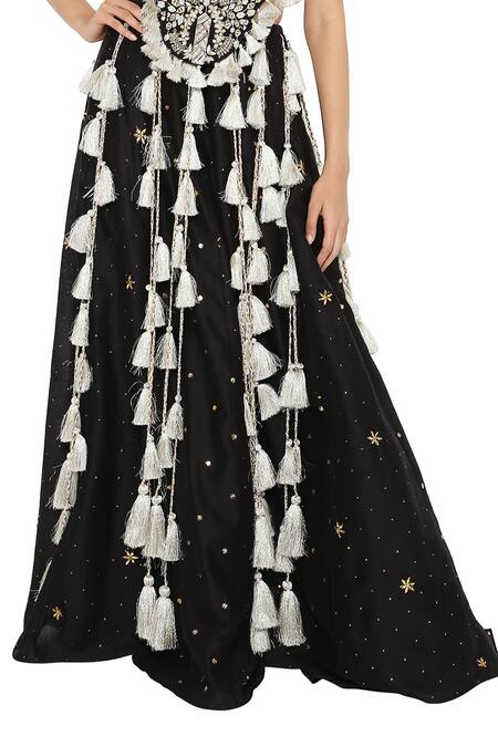 Payal Singhal_Black Georgette, Silkmul Round Alma Tassel Embellished Choli Lehenga Set _at_Aza_Fashions