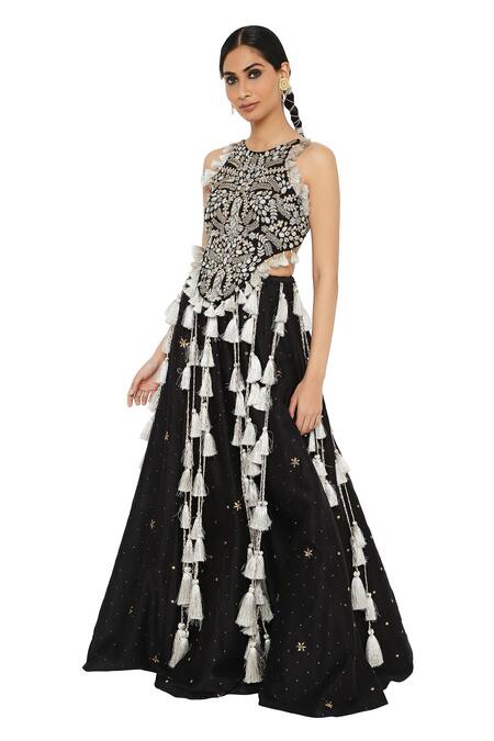 Shop_Payal Singhal_Black Georgette, Silkmul Round Alma Tassel Embellished Choli Lehenga Set _Online_at_Aza_Fashions