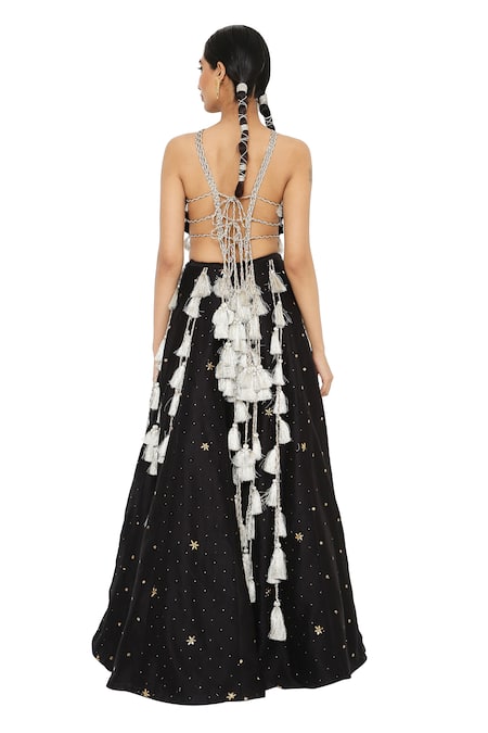 Payal Singhal_Black Georgette, Silkmul Round Alma Tassel Embellished Choli Lehenga Set _Online_at_Aza_Fashions