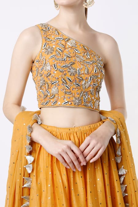 Payal Singhal_Yellow Silkmul And Georgette Thread & Mukaish Work One Embroidered Lehenga Set _Online_at_Aza_Fashions