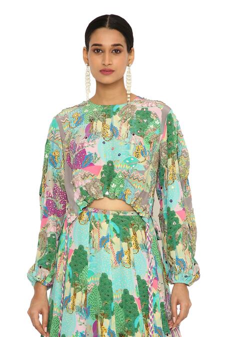 Shop_Payal Singhal_Grey Crepe Animal Round Print Lehenga Set_Online_at_Aza_Fashions