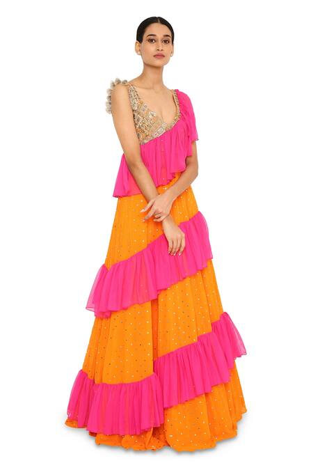 Payal Singhal_Orange Georgette Mukaish, Hamsa V Neck Frill Lehenga Saree With Blouse_Online_at_Aza_Fashions