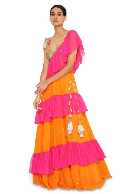 Buy_Payal Singhal_Orange Georgette Mukaish, Hamsa V Neck Frill Lehenga Saree With Blouse_Online_at_Aza_Fashions