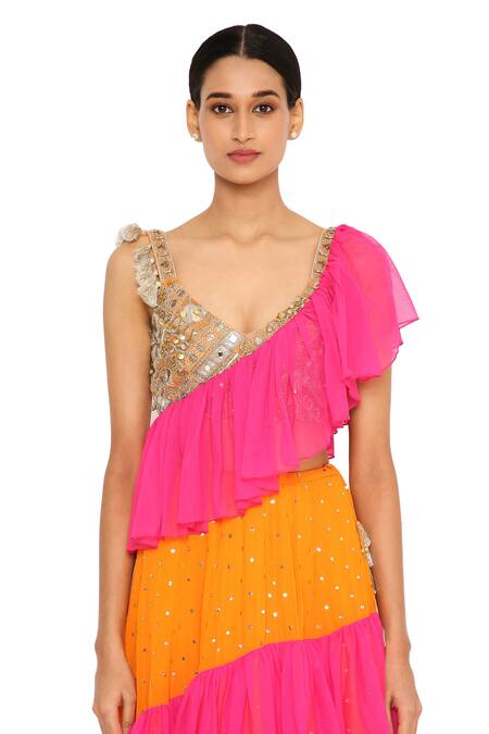 Shop_Payal Singhal_Orange Georgette Mukaish, Hamsa V Neck Frill Lehenga Saree With Blouse_Online_at_Aza_Fashions