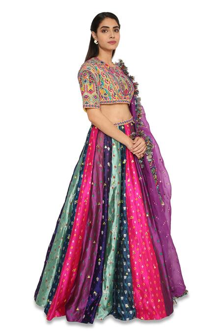 Payal Singhal_Multi Color Georgette Floral Round Silk Bandhani Motif Lehenga Set_Online_at_Aza_Fashions