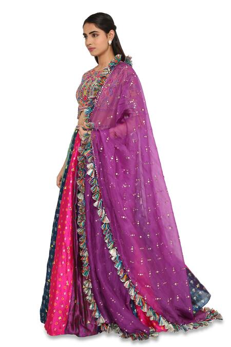 Buy_Payal Singhal_Multi Color Georgette Floral Round Silk Bandhani Motif Lehenga Set_Online_at_Aza_Fashions
