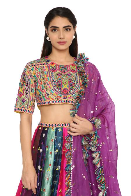 Shop_Payal Singhal_Multi Color Georgette Floral Round Silk Bandhani Motif Lehenga Set_Online_at_Aza_Fashions