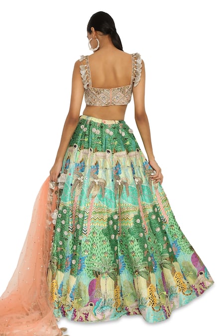 Payal Singhal_Green Net, Georgette, Dupion Animal Square Neck Print Lehenga Set _Online_at_Aza_Fashions
