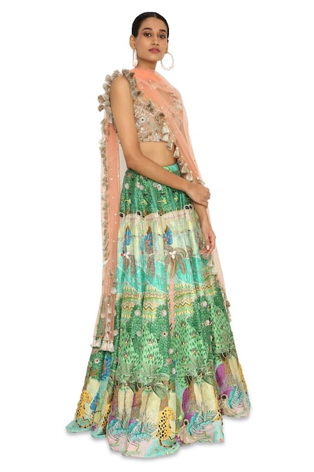 Buy_Payal Singhal_Green Net, Georgette, Dupion Animal Square Neck Print Lehenga Set _Online_at_Aza_Fashions