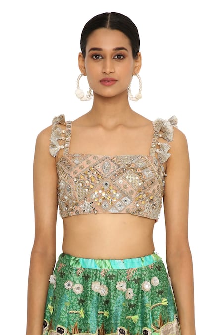 Shop_Payal Singhal_Green Net, Georgette, Dupion Animal Square Neck Print Lehenga Set _Online_at_Aza_Fashions