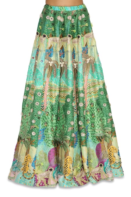 Payal Singhal_Green Net, Georgette, Dupion Animal Square Neck Print Lehenga Set _at_Aza_Fashions