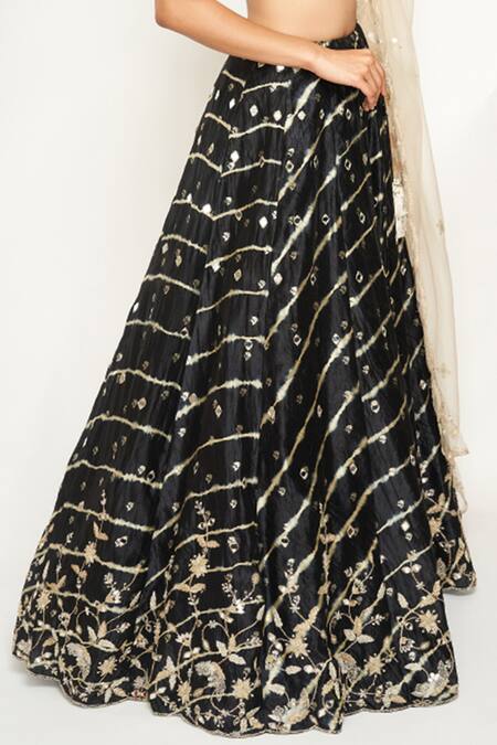 Shop_Payal Singhal_Black Silk Bandhani V Neck Leheriya Lehenga Set_Online_at_Aza_Fashions