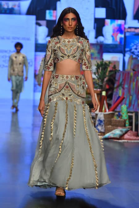 Buy Payal Singhal Blue Velvet, Organza And Net Round Kresha Embroidered Lehenga Set Online at Aza Fashions Buy_Payal Singhal_Blue Velvet, Organza And Net Round Kresha Embroidered Lehenga Set _Online_at_Aza_Fashions