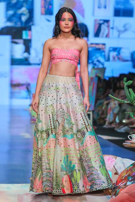 Shop_Payal Singhal_Pink Dupion Silk, Georgette And Net Kite , Tropical Ivana Lehenga Set 
