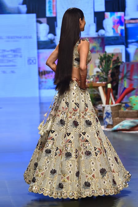 Payal Singhal Off White Georgette And Organza Thread & Mirror Padma Embroidered Lehenga Set Online at Aza Fashions Payal Singhal_Off White Georgette And Organza Thread & Mirror Padma Embroidered Lehenga Set _Online_at_Aza_Fashions