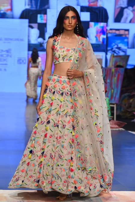 Shop_Payal Singhal_Grey Georgette And Organza Thread Halter Neck Mahira Embroidered Lehenga Set _Online_at_Aza_Fashions