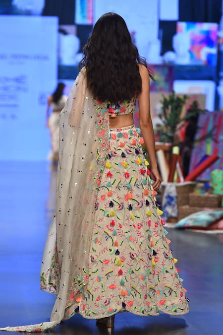 Payal Singhal_Grey Georgette And Organza Thread Halter Neck Mahira Embroidered Lehenga Set _Online_at_Aza_Fashions