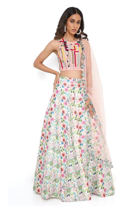 Payal Singhal_Cream Net, Georgette, Dupion Floral Pattern Round Spring Lehenga Set_Online_at_Aza_Fashions