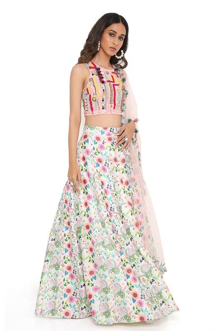 Buy_Payal Singhal_Cream Net, Georgette, Dupion Floral Pattern Round Spring Lehenga Set_Online_at_Aza_Fashions