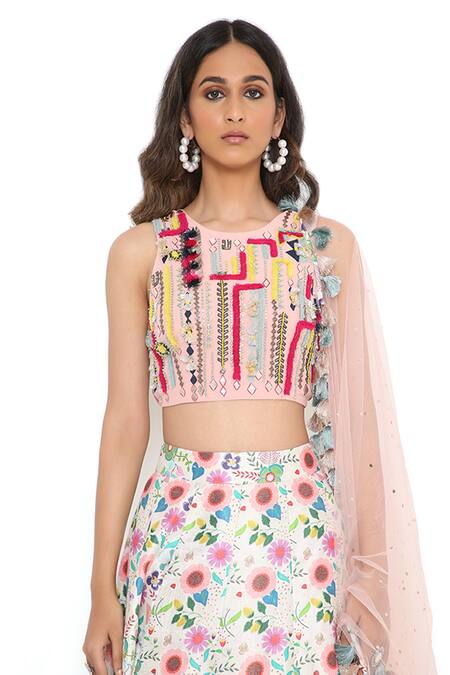 Shop_Payal Singhal_Cream Net, Georgette, Dupion Floral Pattern Round Spring Lehenga Set_Online_at_Aza_Fashions