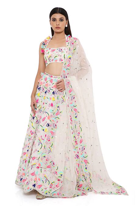 Payal Singhal_Grey Georgette And Organza Thread Halter Neck Mahira Embroidered Lehenga Set _at_Aza_Fashions