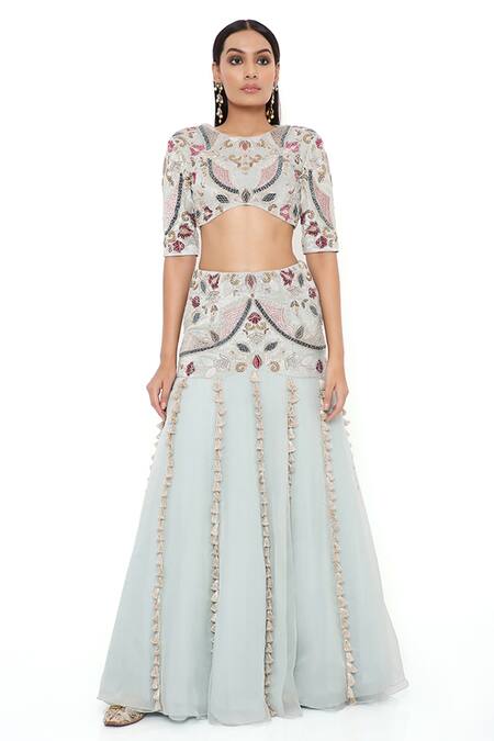 Shop Payal Singhal Blue Velvet, Organza And Net Round Kresha Embroidered Lehenga Set Online at Aza Fashions Shop_Payal Singhal_Blue Velvet, Organza And Net Round Kresha Embroidered Lehenga Set _Online_at_Aza_Fashions
