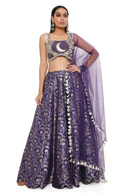 Buy Payal Singhal Blue Dupion Brocade Silk And Net Mirror & Thread Square Neck Nina Lehenga Set Online at Aza Fashions Buy_Payal Singhal_Blue Dupion Brocade Silk And Net Mirror & Thread Square Neck Nina Lehenga Set _Online_at_Aza_Fashions