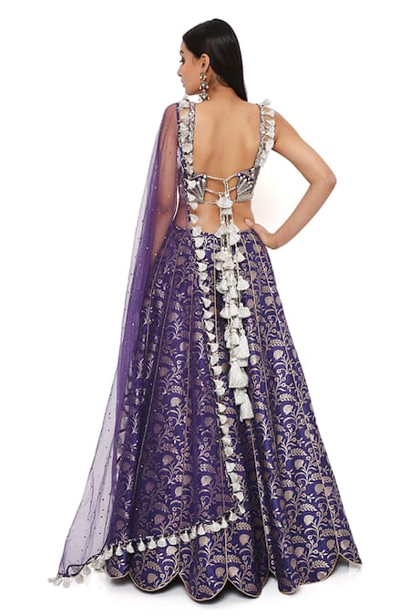 Shop Payal Singhal Blue Dupion Brocade Silk And Net Mirror & Thread Square Neck Nina Lehenga Set Online at Aza Fashions Shop_Payal Singhal_Blue Dupion Brocade Silk And Net Mirror & Thread Square Neck Nina Lehenga Set _Online_at_Aza_Fashions