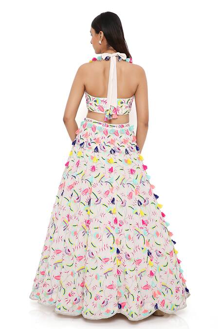 Buy_Payal Singhal_Grey Georgette And Organza Thread Halter Neck Mahira Embroidered Lehenga Set 