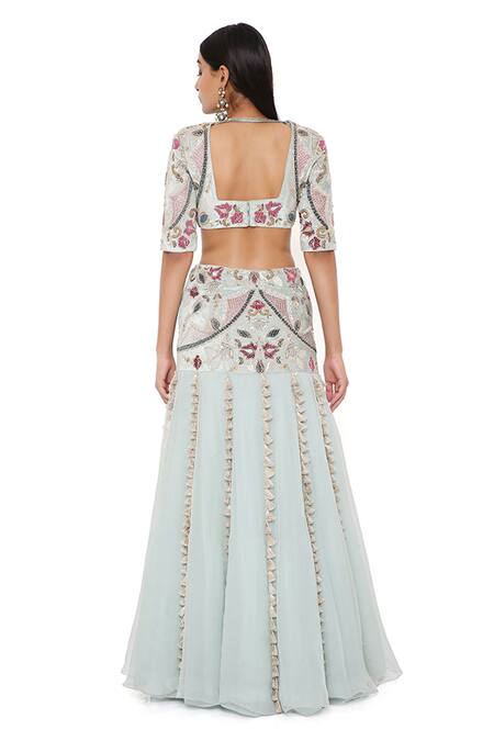 Payal Singhal Blue Velvet, Organza And Net Round Kresha Embroidered Lehenga Set at Aza Fashions Payal Singhal_Blue Velvet, Organza And Net Round Kresha Embroidered Lehenga Set _at_Aza_Fashions