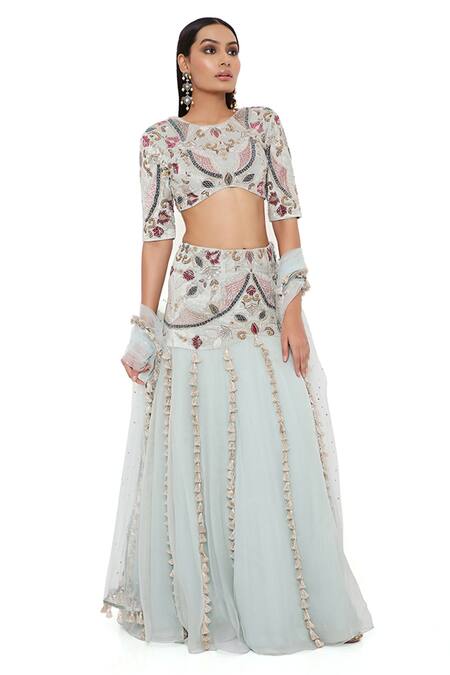 Buy Payal Singhal Blue Velvet, Organza And Net Round Kresha Embroidered Lehenga Set Buy_Payal Singhal_Blue Velvet, Organza And Net Round Kresha Embroidered Lehenga Set