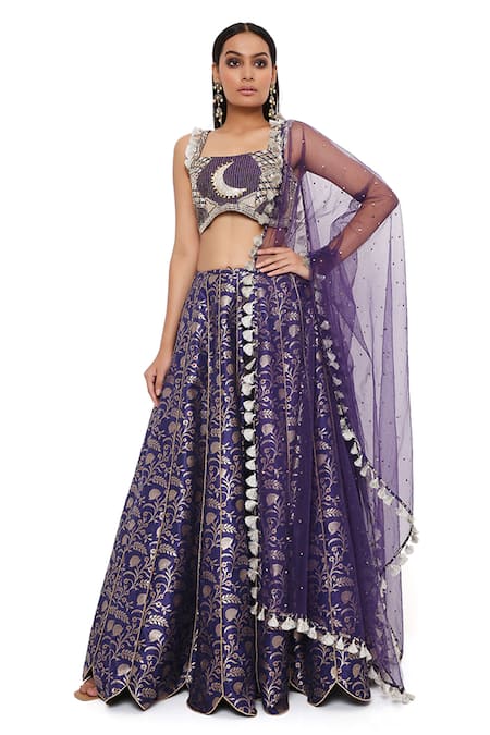 Payal Singhal Blue Dupion Brocade Silk And Net Mirror & Thread Square Neck Nina Lehenga Set at Aza Fashions Payal Singhal_Blue Dupion Brocade Silk And Net Mirror & Thread Square Neck Nina Lehenga Set _at_Aza_Fashions